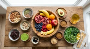 Healthy foods like fruits, nuts, and greens with herbs supporting male stamina and energy