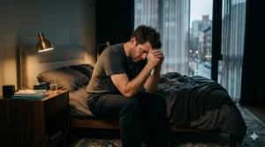 Man experiencing stress and declining stamina related to male performance issues