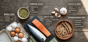 Top five testosterone boosting foods including eggs, garlic, fatty fish, pumpkin seeds, and ashwagandha.