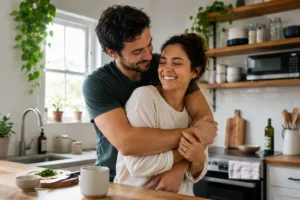 Couple hugging warmly showing daily physical affection and connection
