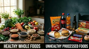 Comparison of healthy fertility foods versus processed and unhealthy foods that reduce sperm health.