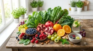 Antioxidant-rich fruits and vegetables like pomegranate, berries, and greens for fertility support.