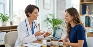 Woman learning about the safety and proper use of shilajit supplements.