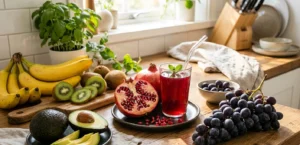 Pomegranate, banana, avocado, kiwi, and grapes that support healthy testosterone production.