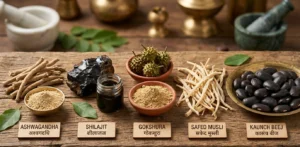 Ayurvedic herbs commonly used for natural erectile dysfunction support.