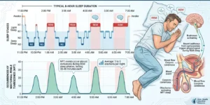 Illustration explaining nocturnal penile tumescence and how morning erections occur during REM sleep cycles.