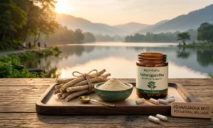 Ashwagandha root and herbal supplements used in Ayurveda for men's health and vitality.