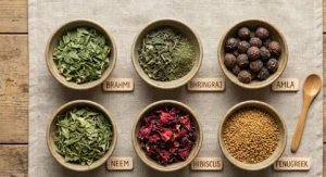 Ayurvedic herbs like brahmi, bhringraj and amla for improving hair thickness