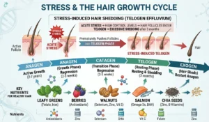Diagram explaining how stress disrupts hair growth cycle and causes shedding