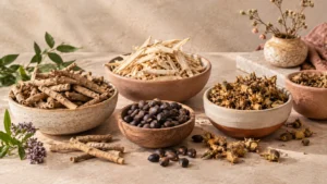 Traditional Ayurvedic herbs used in men's vitality and reproductive wellness formulations