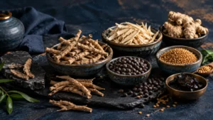 Traditional Ayurvedic herbs used in men's stamina and wellness formulations