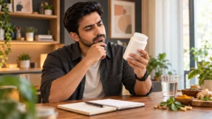 Indian man responsibly checking an unbranded Ayurvedic supplement before adding it to his wellness routine.