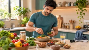 Indian man preparing a nutritious meal as part of a healthy lifestyle supporting male reproductive wellness.