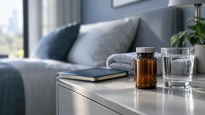 Responsible daily supplement routine with water and an unbranded supplement bottle