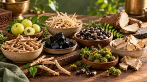 Traditional Ayurvedic herbs and botanical ingredients used in male fertility wellness formulations.