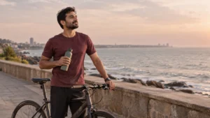 Man recovering after cycling as part of an active stamina and fitness routine