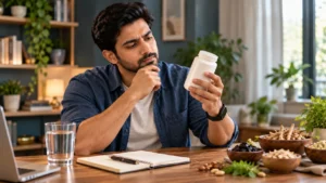 Indian man carefully reviewing a fertility supplement before making an informed wellness choice.