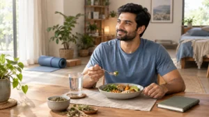 Indian man following a balanced Ayurvedic-inspired wellness routine with healthy food, herbs and hydration.